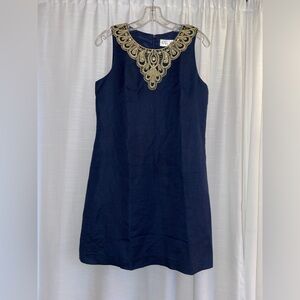 Eliza J Navy Blue and Gold Embroidered Linen Dress -Size 6